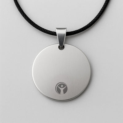 Pendente Quantico LIGHT ENERGY tondo in acciaio con cordino nero