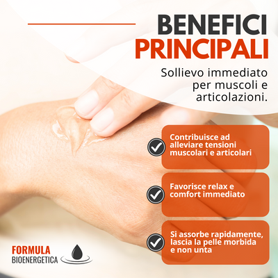 Benefici del Gel Rapido Sollievo Bioenergy: allevia tensioni muscolari e articolari, favorisce relax e comfort immediato, rapido assorbimento senza ungere
