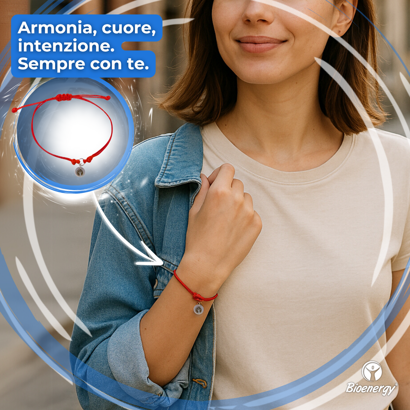 Donna che indossa il Braccialetto Armonia del Cuore Bioenergy®, con slogan ispirazionale e dettaglio del prodotto in primo piano.