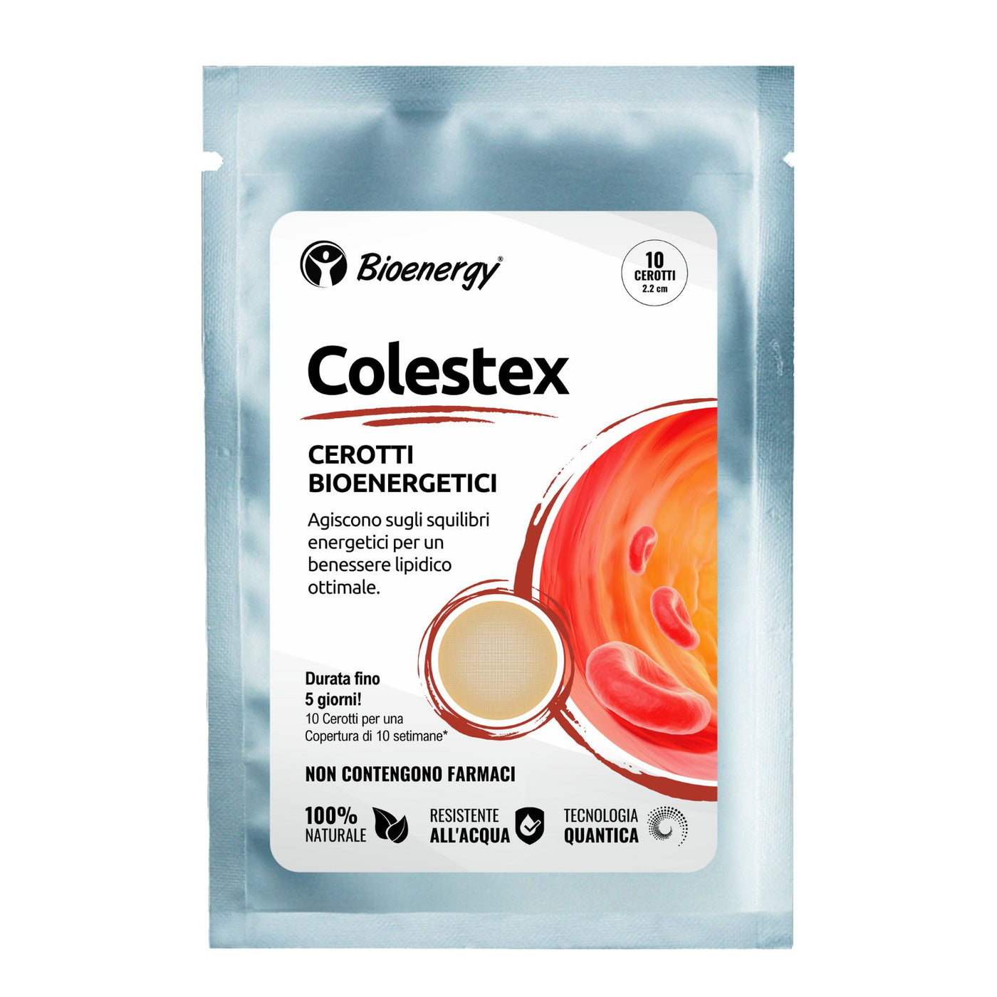 Confezione fronte dei Cerotti Bioenergetici Colestex di Bioenergy®. Cerotti progettati per il supporto naturale al benessere lipidico, con tecnologia quantica, 100% naturale, resistente all’acqua, senza farmaci.