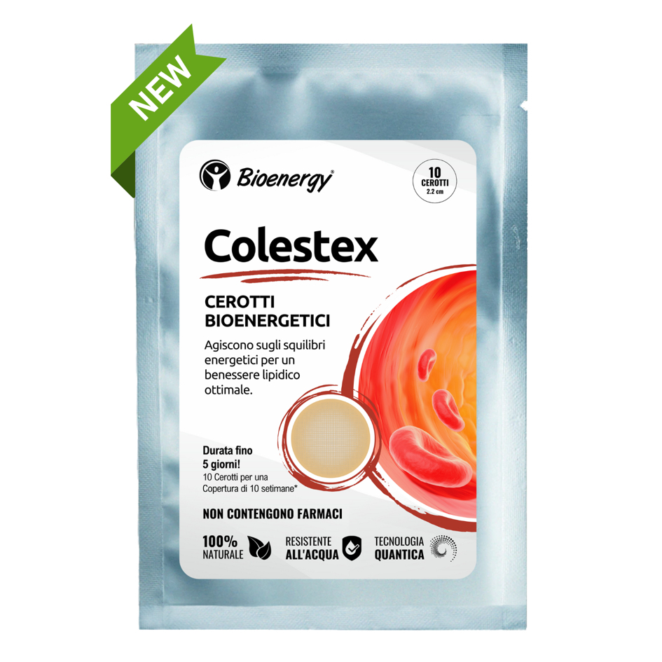 Confezione fronte dei Cerotti Bioenergetici Colestex di Bioenergy®. Cerotti progettati per il supporto naturale al benessere lipidico, con tecnologia quantica, 100% naturale, resistente all’acqua, senza farmaci.