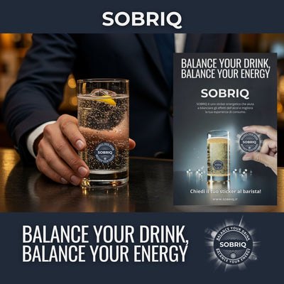 Pubblicità di SOBRIQ, il primo sticker bioenergetico che migliora il benessere durante il consumo di alcol.