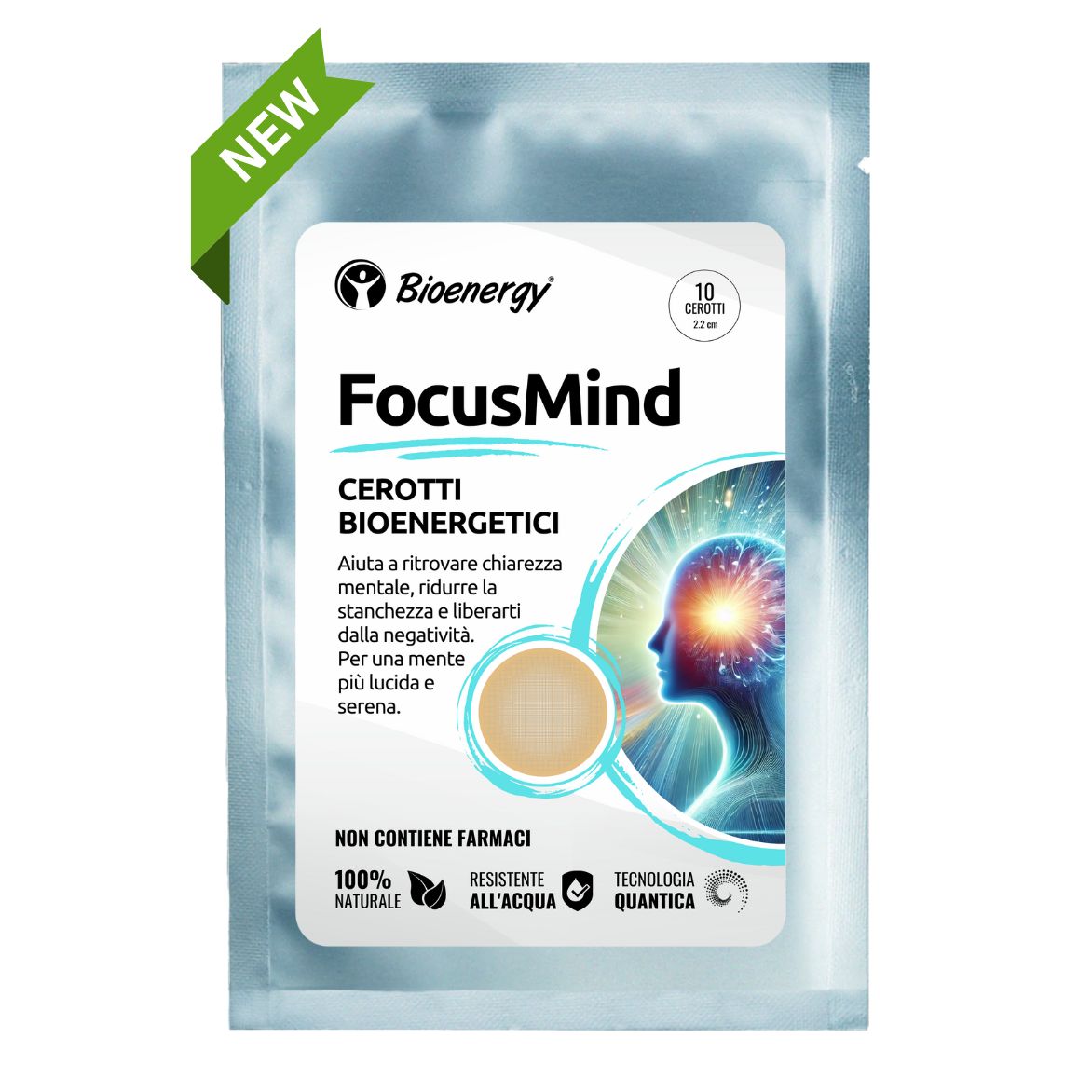 Confezione dei cerotti FocusMind con tecnologia bioenergetica, 10 cerotti resistenti all'acqua e senza farmaci.