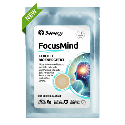 Confezione dei cerotti FocusMind con tecnologia bioenergetica, 10 cerotti resistenti all'acqua e senza farmaci.