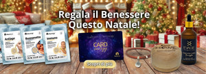 Immagine natalizia con prodotti di Bioenergy, inclusi cerotti bioenergetici, Card Energy e siero viso, su uno sfondo con albero di Natale e caminetto acceso.