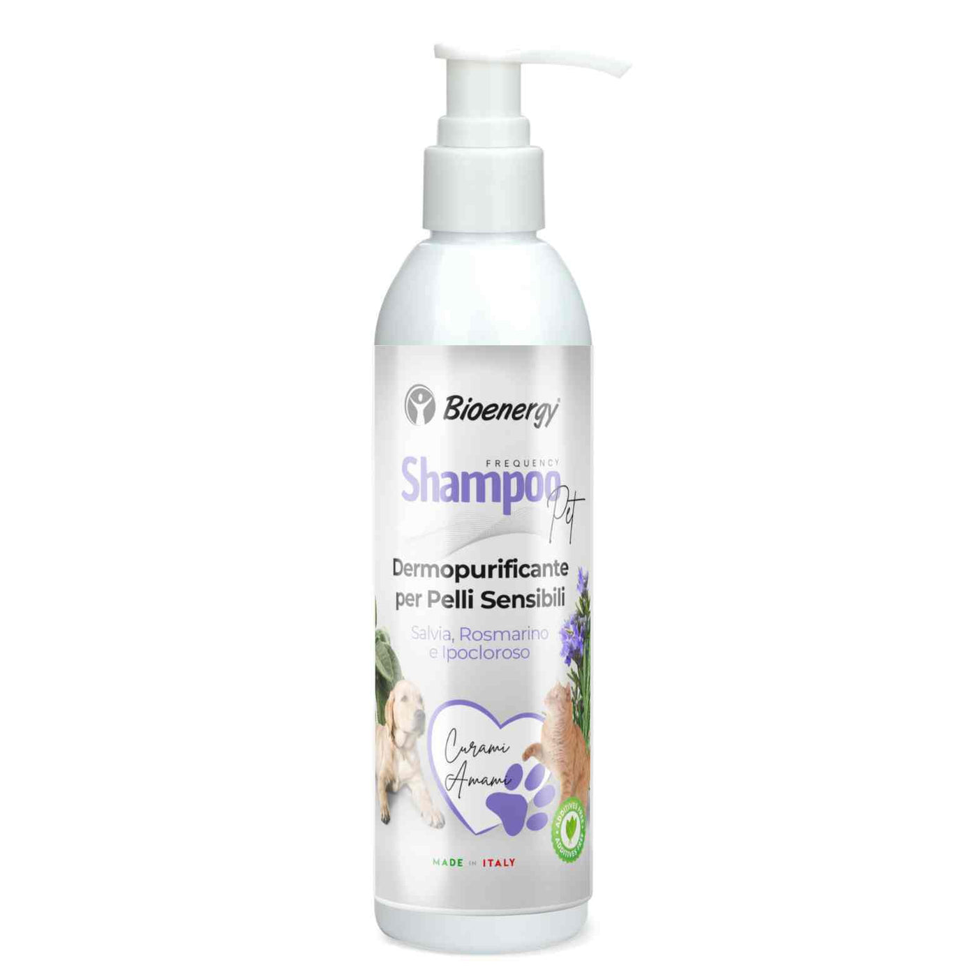 Shampoo Pet Dermopurificante per pelli sensibili, con Salvia, Rosmarino e Ipocloroso.