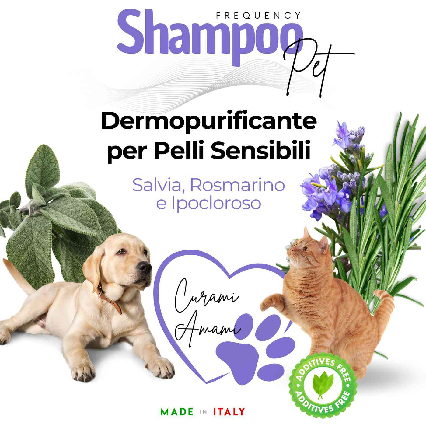 Shampoo Pet - Dermopurificante per Pelli Sensibili - Salvia, Rosmarino e Ipocloroso 250ml